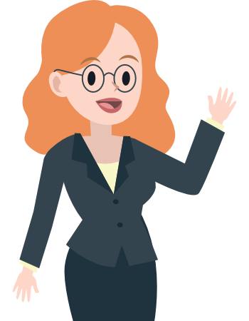 Illustration einer Frau mit langen, roten Haaren, Brille, im dunkelgrauen Blazer, winkt freundlich.
