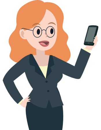 Freddy schaut freudig auf ihr Smartphone in ihrer Hand